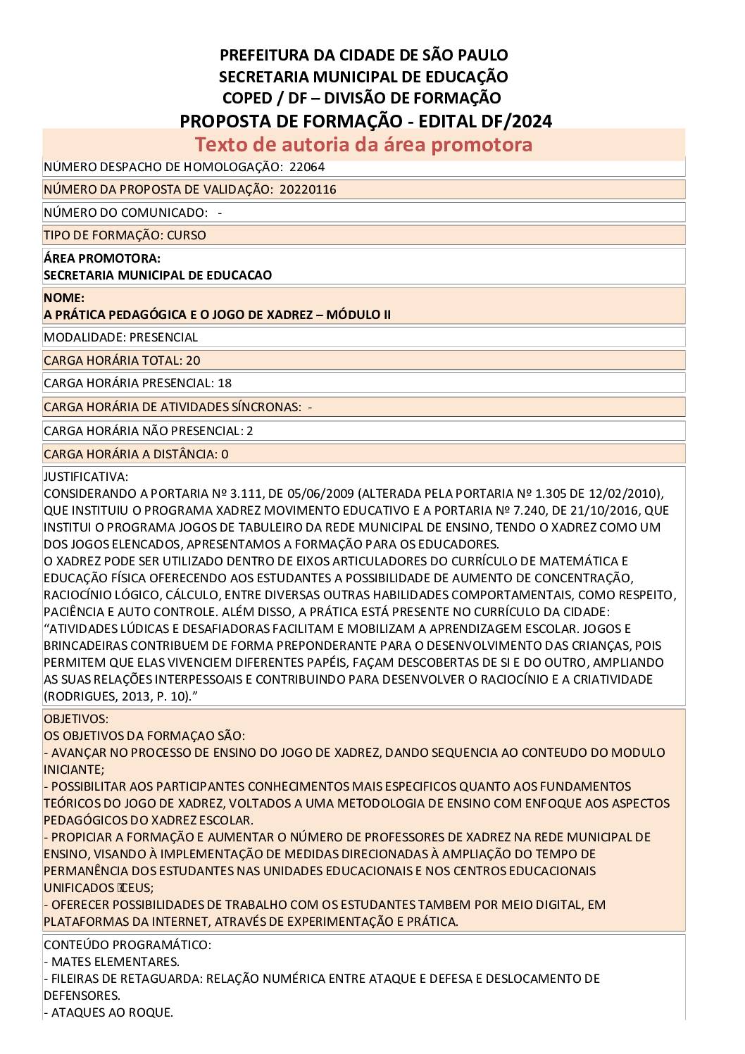 PROPOSTA FORMATIVA HOMOLOGADA PELA SME.