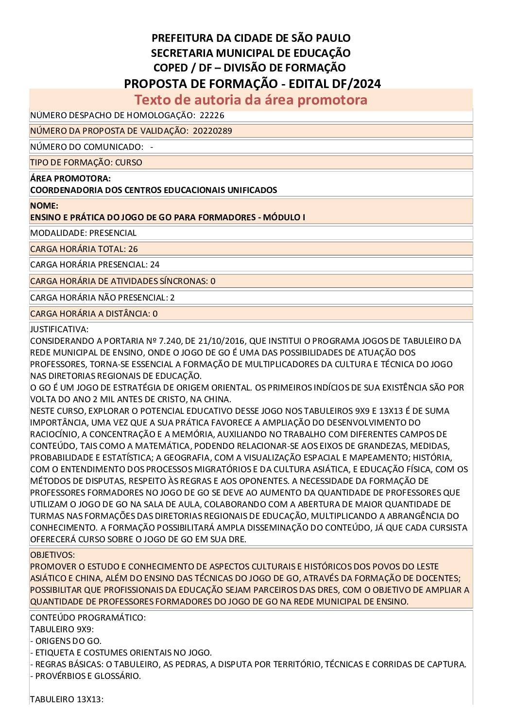 PROPOSTA FORMATIVA HOMOLOGADA PELA SME.