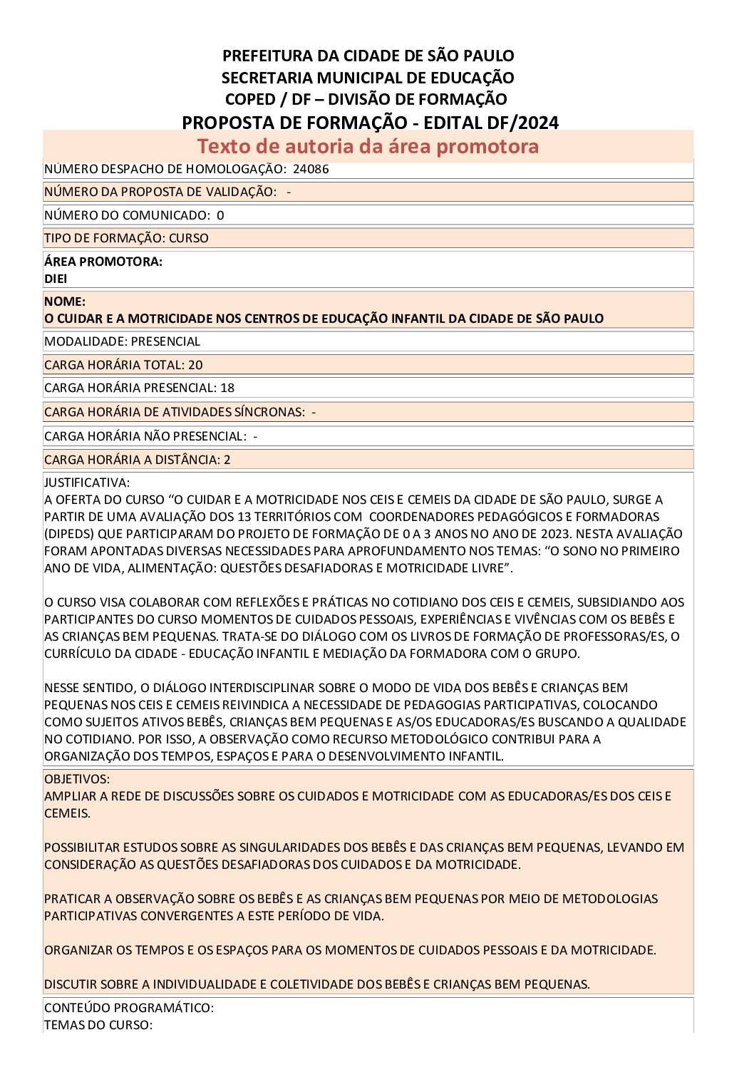 PROPOSTA FORMATIVA HOMOLOGADA PELA SME.