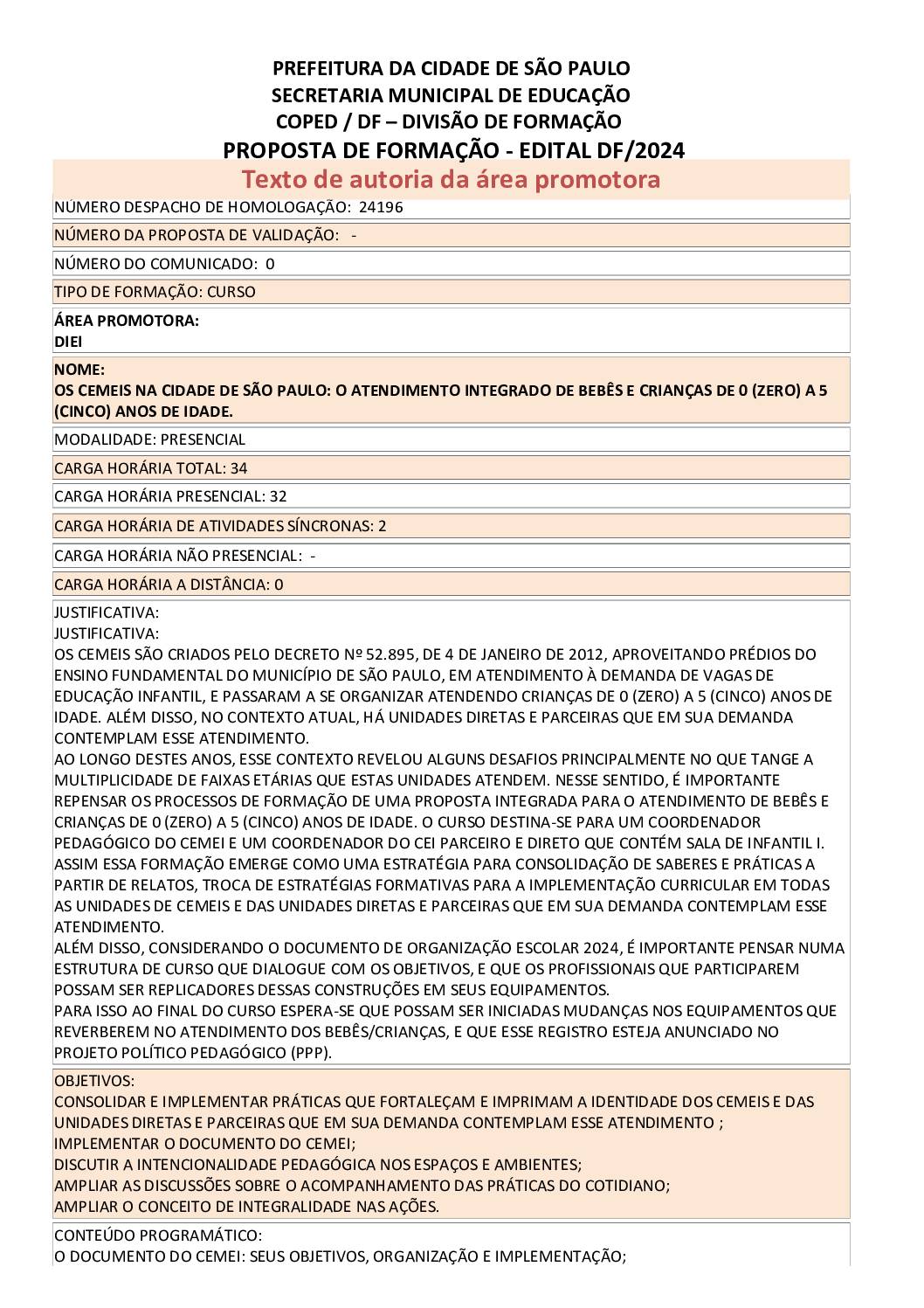 PROPOSTA FORMATIVA HOMOLOGADA PELA SME.