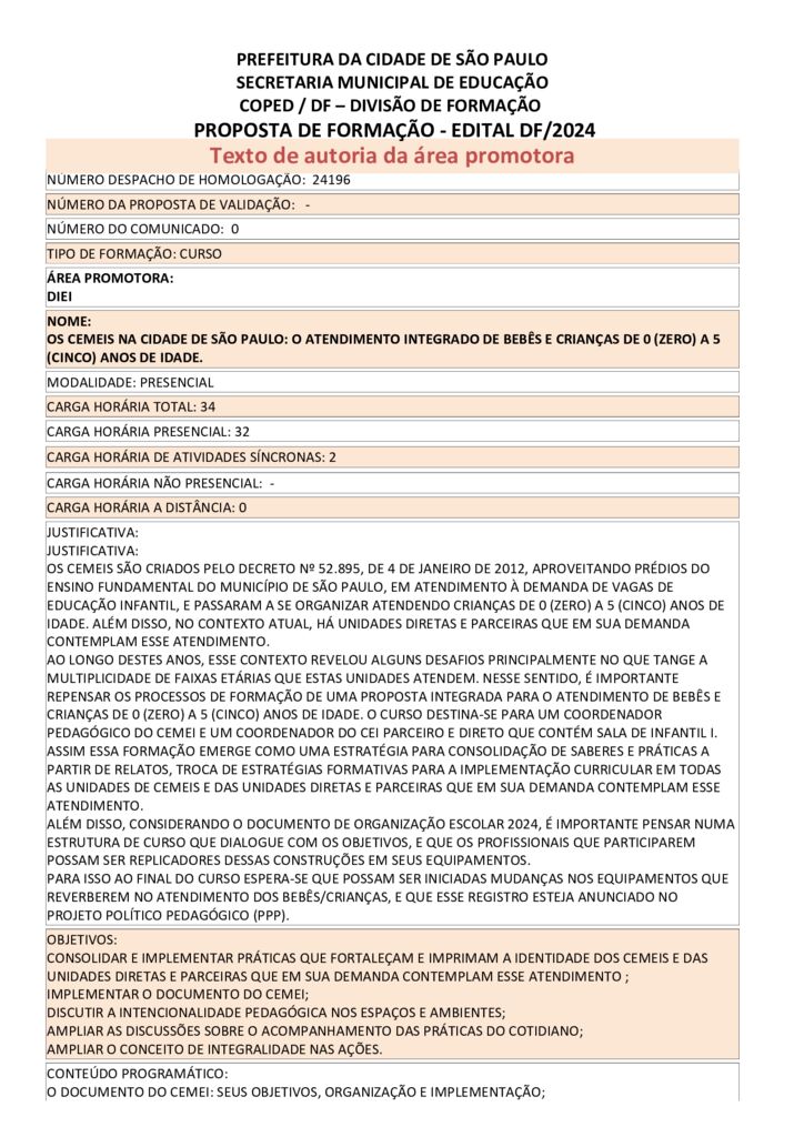 PROPOSTA FORMATIVA HOMOLOGADA PELA SME.