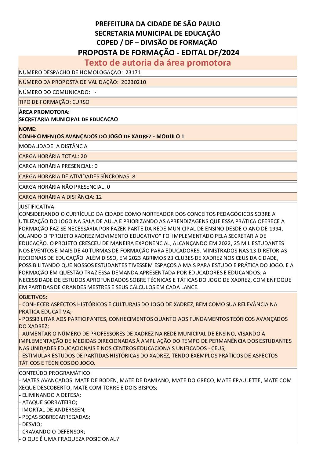 PROPOSTA FORMATIVA HOMOLOGADA PELA SME.