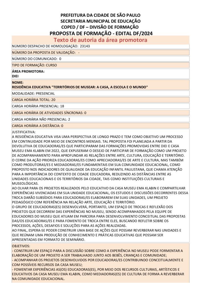 PROPOSTA FORMATIVA HOMOLOGADA PELA SME.