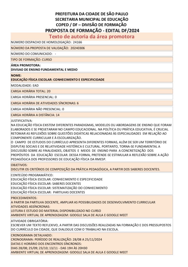 PROPOSTA FORMATIVA HOMOLOGADA PELA SME.