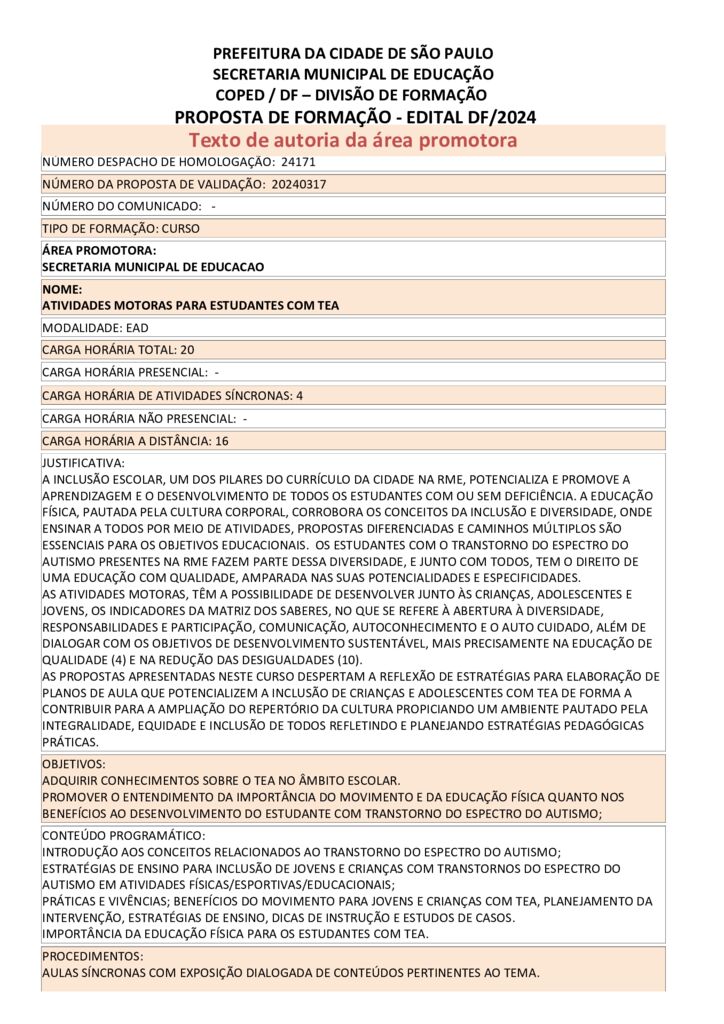 PROPOSTA FORMATIVA HOMOLOGADA PELA SME.