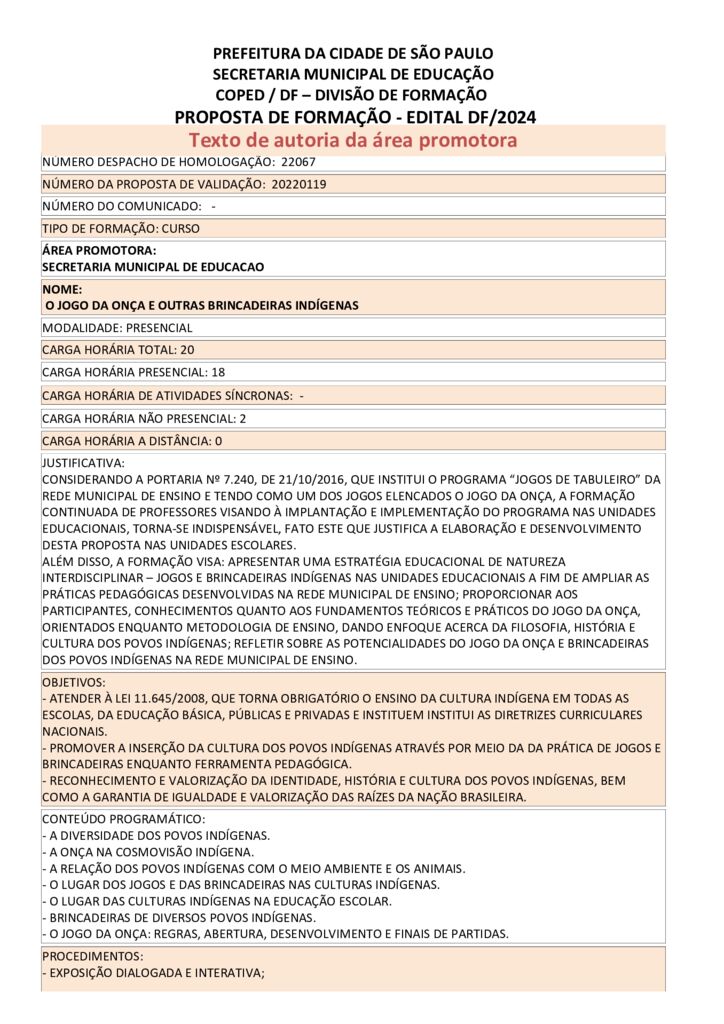 PROPOSTA FORMATIVA HOMOLOGADA PELA SME.