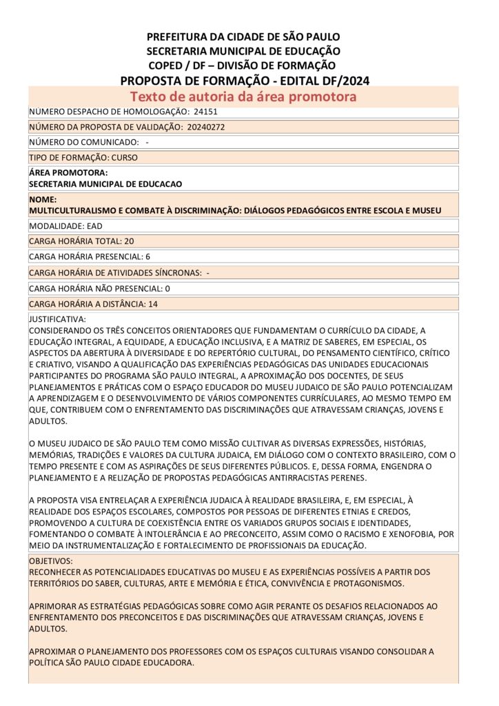 PROPOSTA FORMATIVA HOMOLOGADA PELA SME.