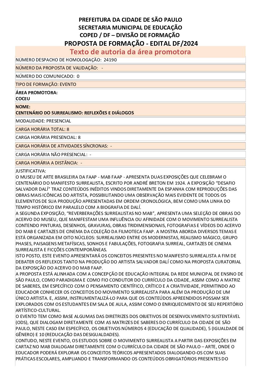 Proposta Formativa Homologada pela SME