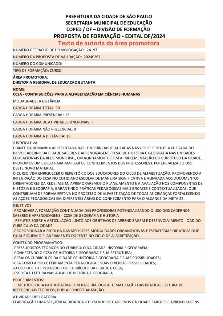 PROPOSTA FORMATIVA HOMOLOGADA PELA SME.