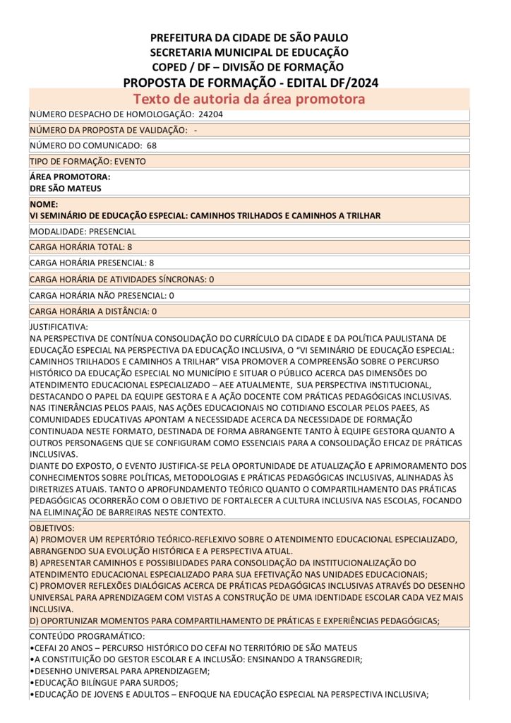 Proposta Formativa Homologada pela SME