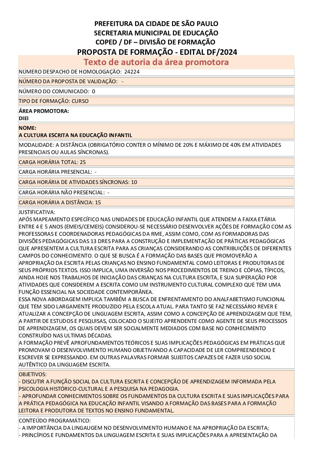 PROPOSTA FORMATIVA HOMOLOGADA PELA SME