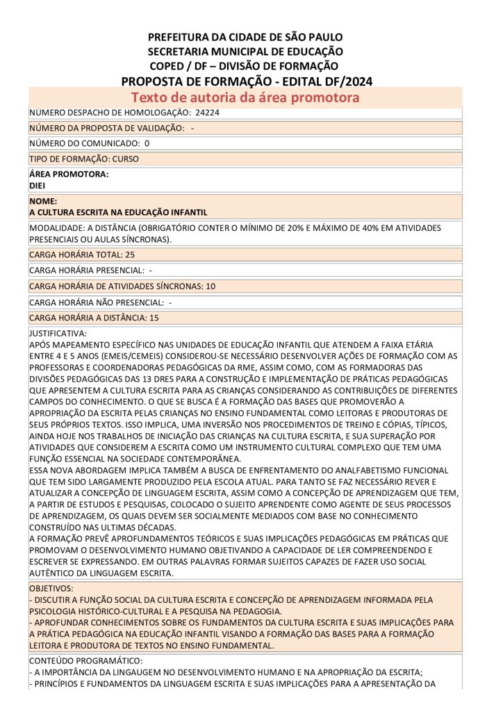 PROPOSTA FORMATIVA HOMOLOGADA PELA SME