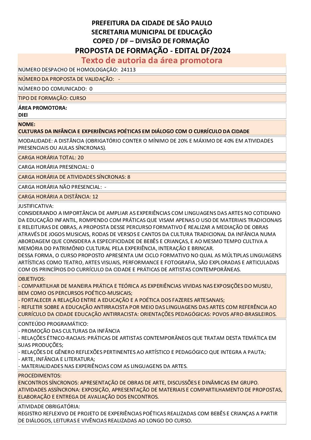 PROPOSTA FORMATIVA HOMOLOGADA PELA SME.
