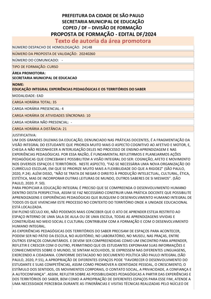 PROPOSTA FORMATIVA HOMOLOGADA PELA SME.