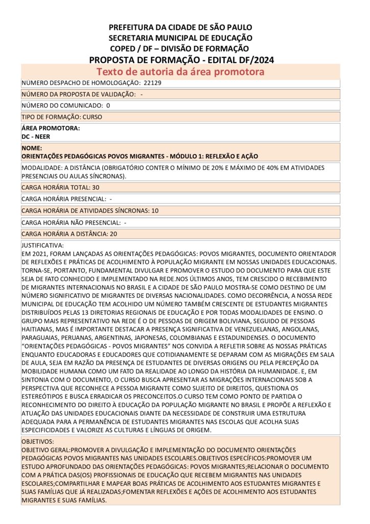 PROPOSTA FORMATIVA HOMOLOGADA PELA SME.