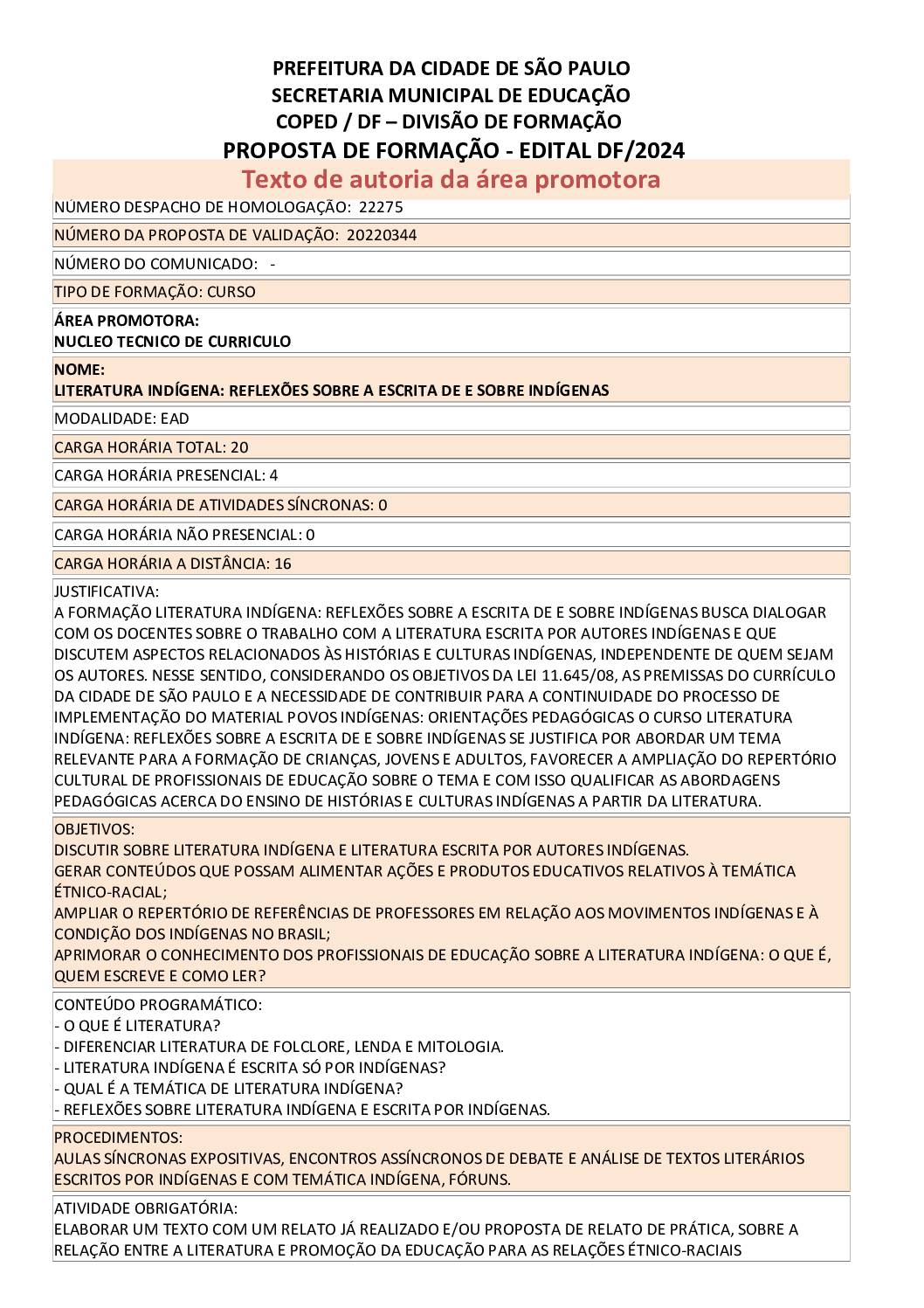 PROPOSTA FORMATIVA HOMOLOGADA PELA SME.