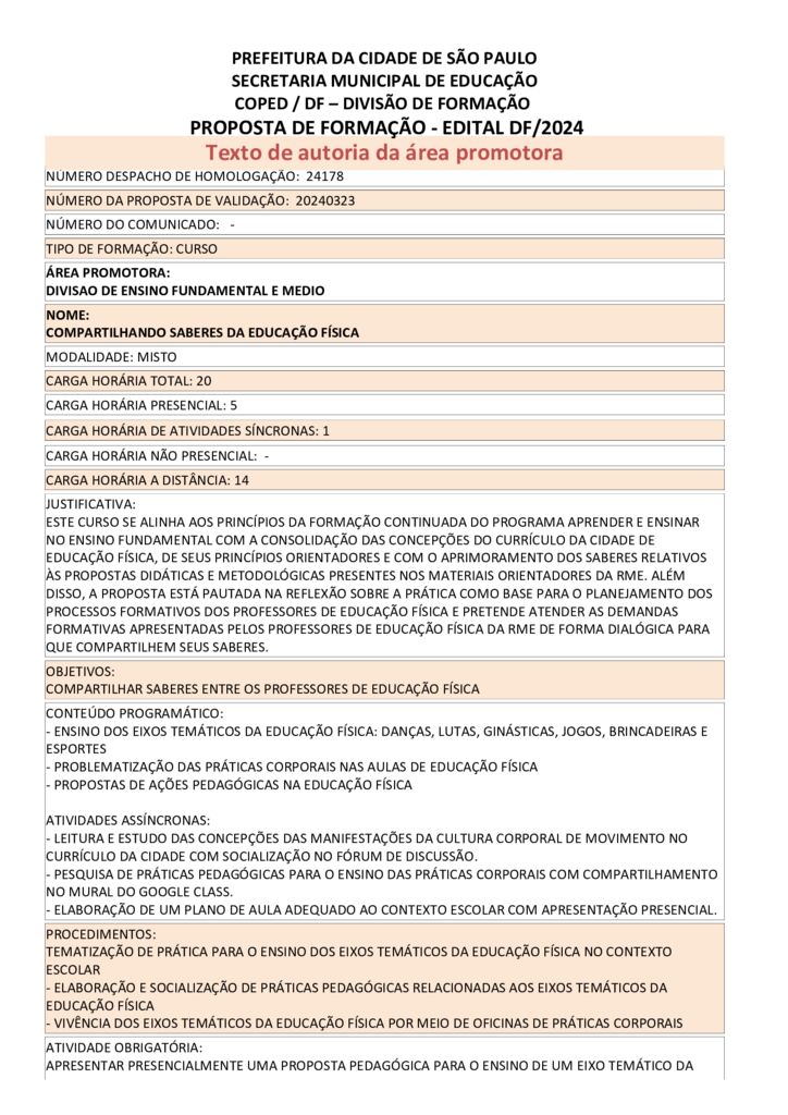 PROPOSTA FORMATIVA HOMOLOGADA PELA SME.