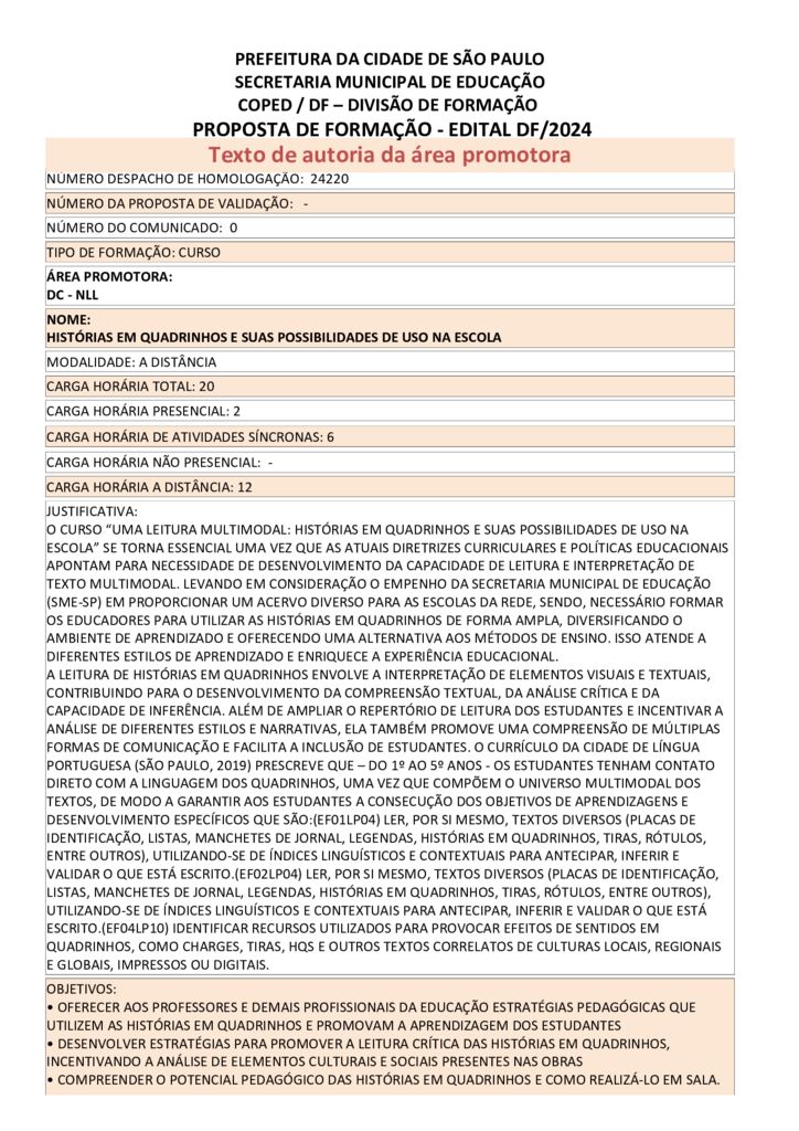 PROPOSTA FORMATIVA HOMOLOGADA PELA SME.