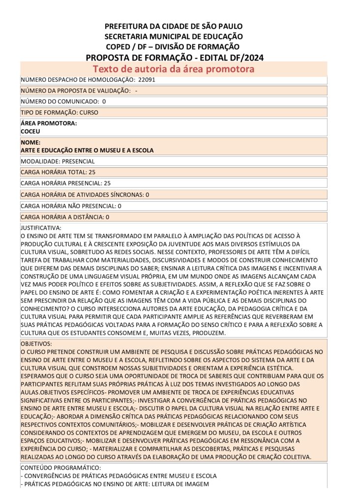 PROPOSTA FORMATIVA HOMOLOGADA PELA SME.