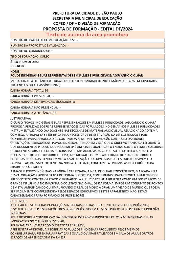 PROPOSTA FORMATIVA HOMOLOGADA PELA  SME.