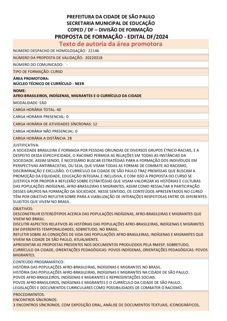 PROPOSTA FORMATIVA HOMOLOGADA PELA SME.