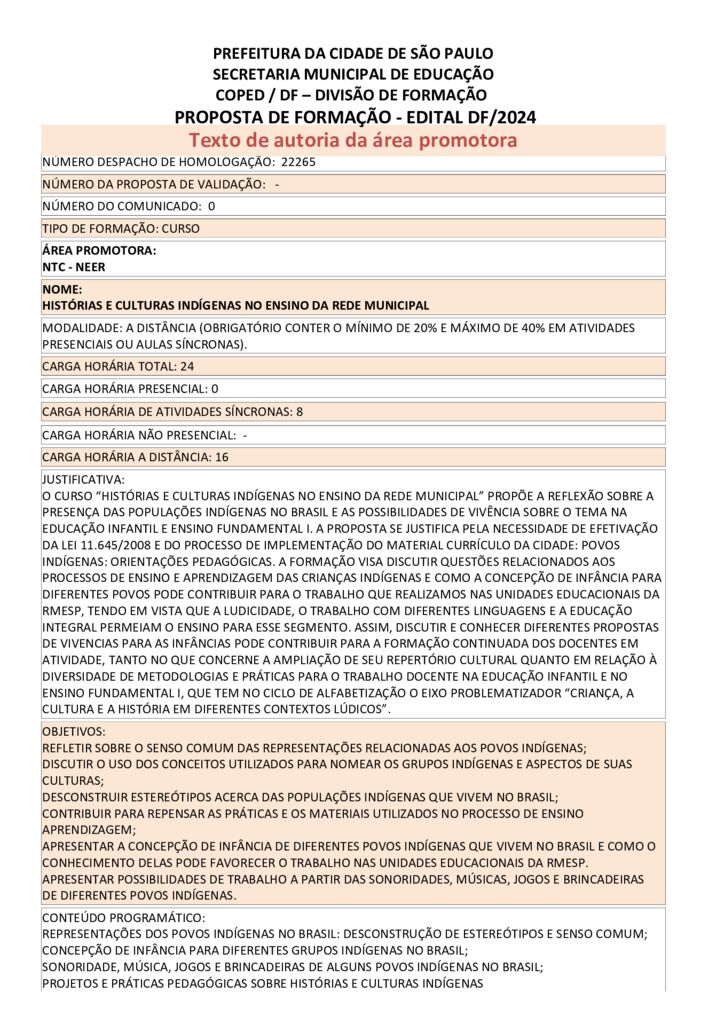 PROPOSTA FORMATIVA HOMOLOGADA EM SME.