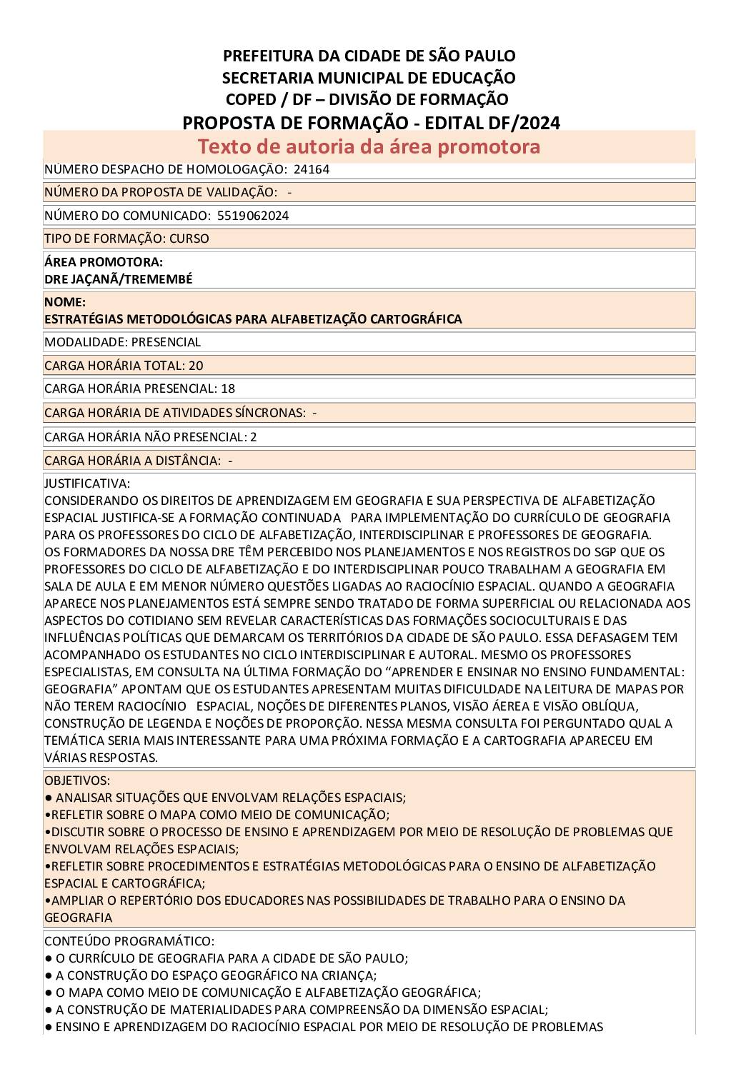 PROPOSTA FORMATIVA HOMOLOGADA PELA SME.