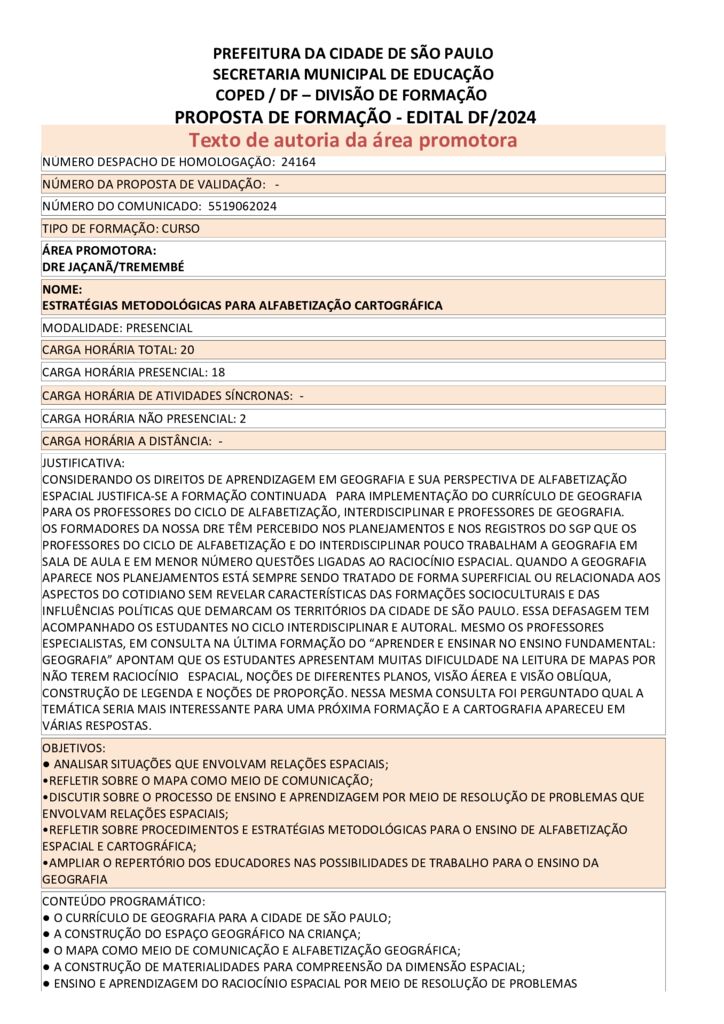 PROPOSTA FORMATIVA HOMOLOGADA PELA SME.