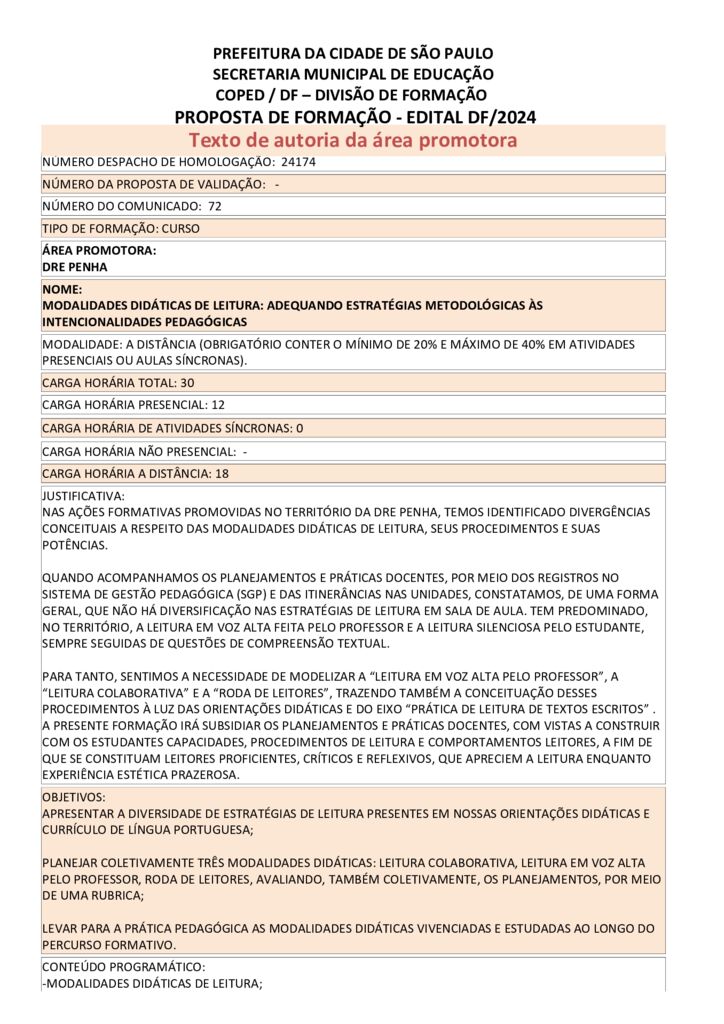 PROPOSTA FORMATIVA HOMOLOGADA PELA SME.