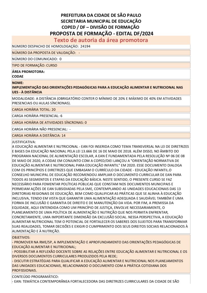 PROPOSTA FORMATIVA HOMOLOGADA PELA SME.