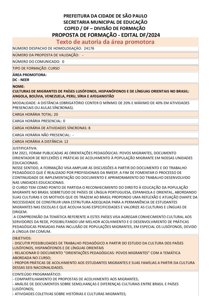 PROPOSTA FORMATIVA HOMOLOGADA PELA SME.