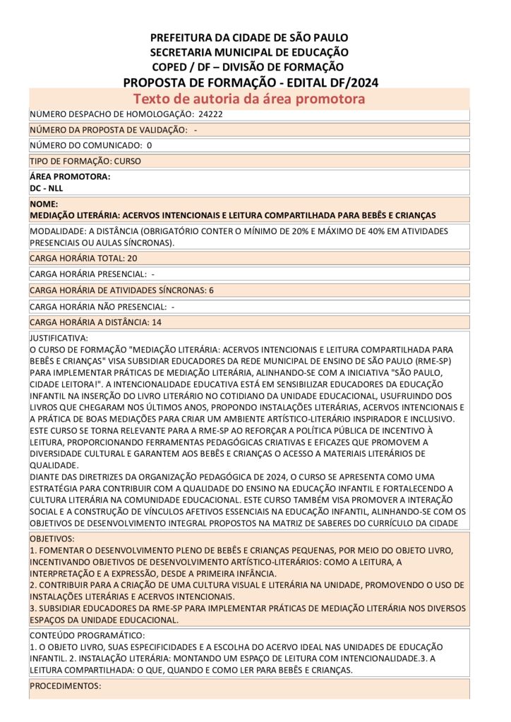 Proposta formativa homologada pela SME.