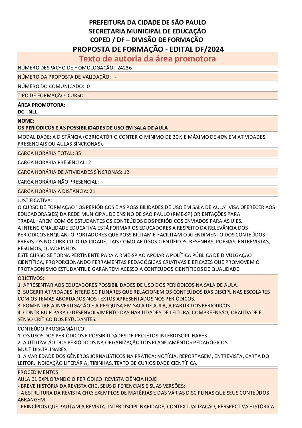 Proposta formativa homologada pela SME.