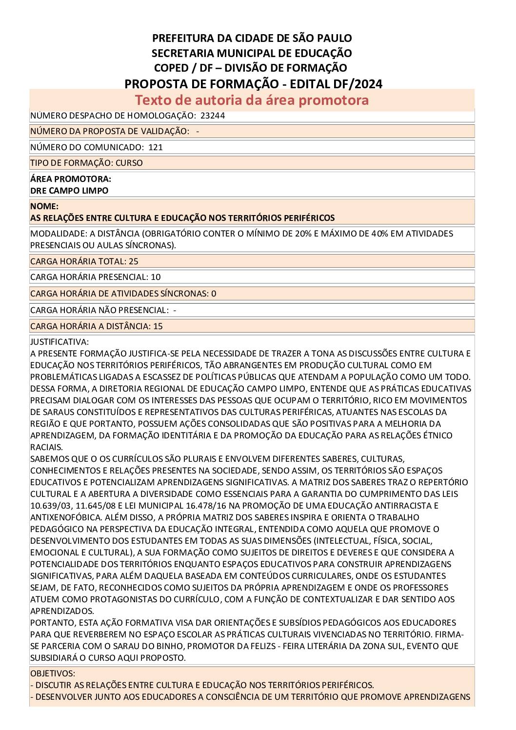 PROPOSTA FORMATIVA HOMOLOGADA PELA SME.