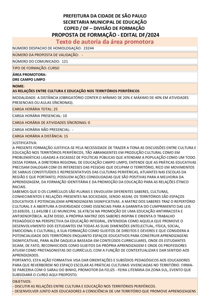 PROPOSTA FORMATIVA HOMOLOGADA PELA SME.