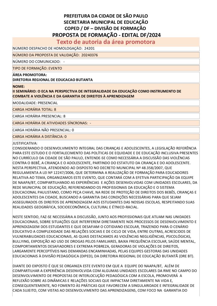 PROPOSTA FORMATIVA HOMOLOGADA PELA SME.