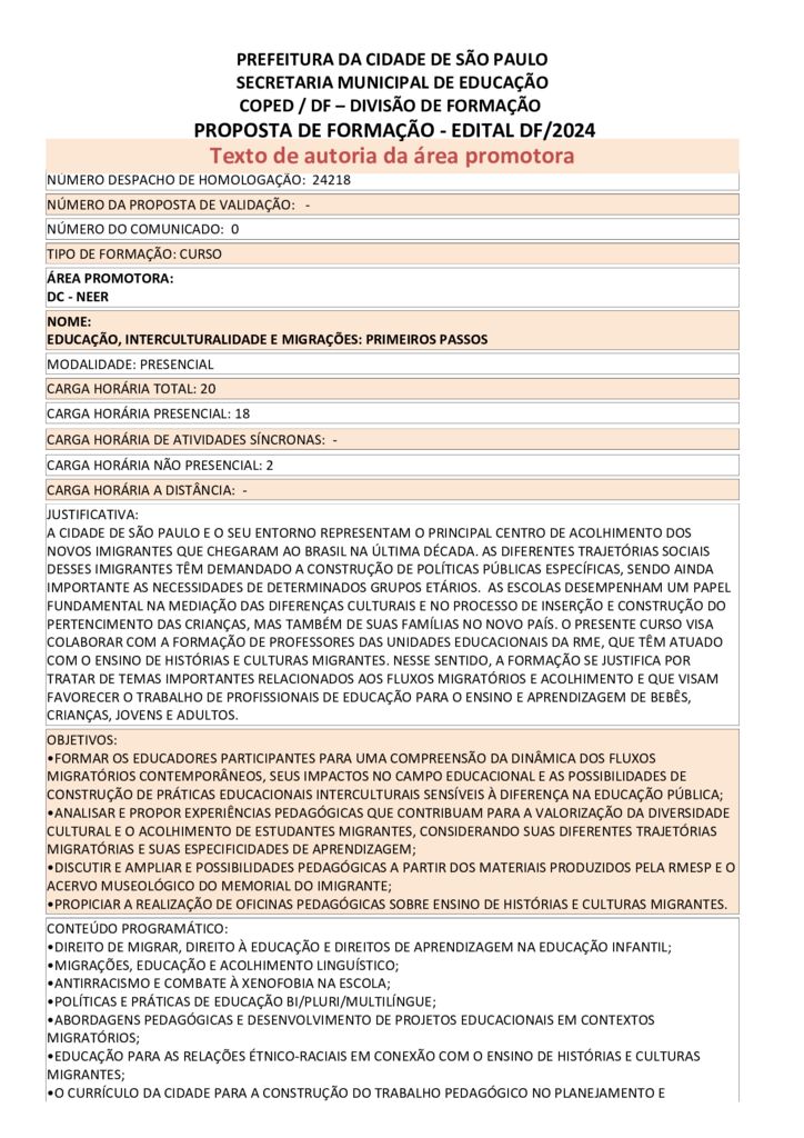 PROPOSTA FORMATIVA HOMOLOGADA PELA SME.