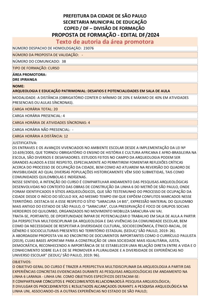 PROPOSTA FORMATIVA HOMOLOGADA PELA SME.