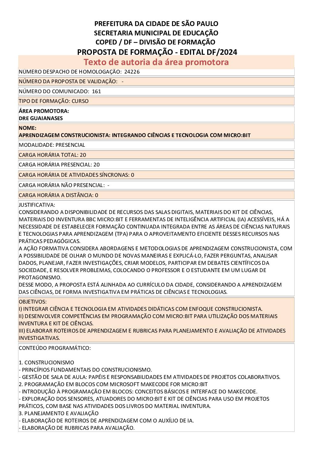 PROPOSTA FORMATIVA HOMOLOGADA PELA SME.