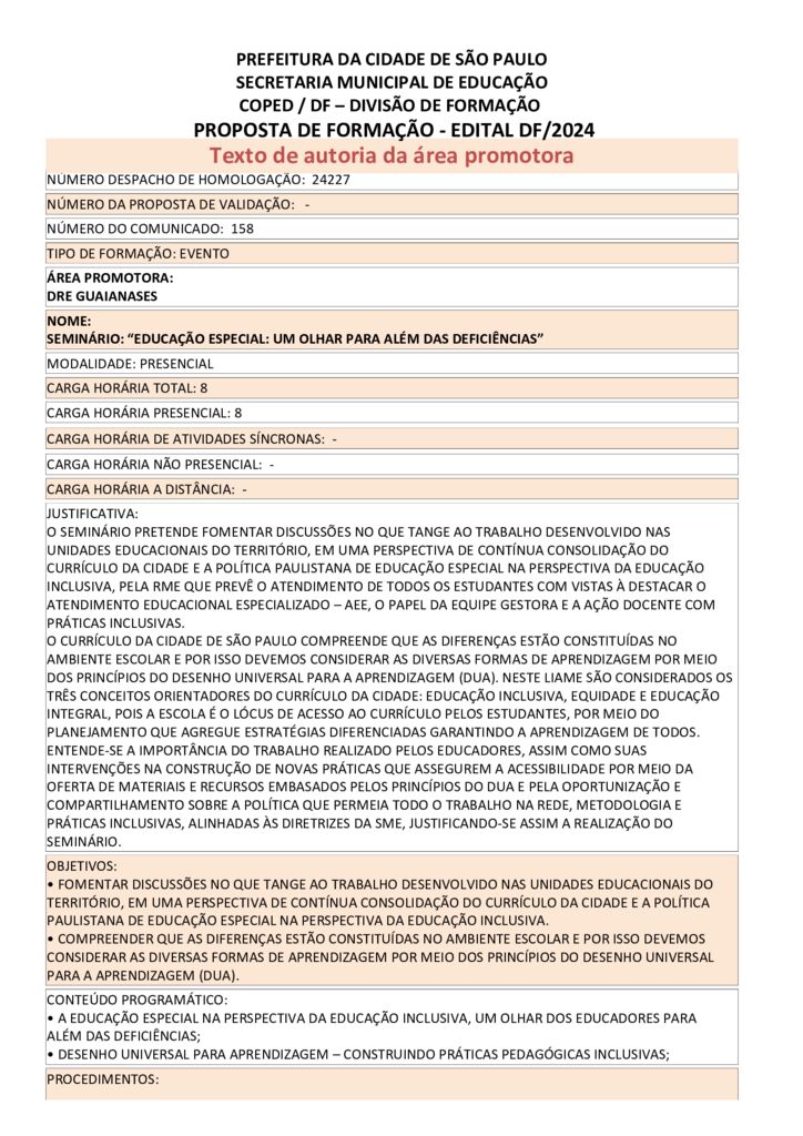 PROPOSTA FORMATIVA HOMOLOGADA PELA SME.