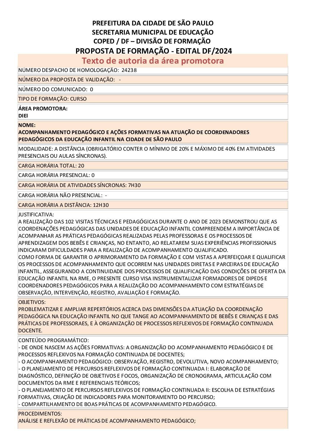 PROPOSTA FORMATIVA HOMOLOGADA PELA SME.