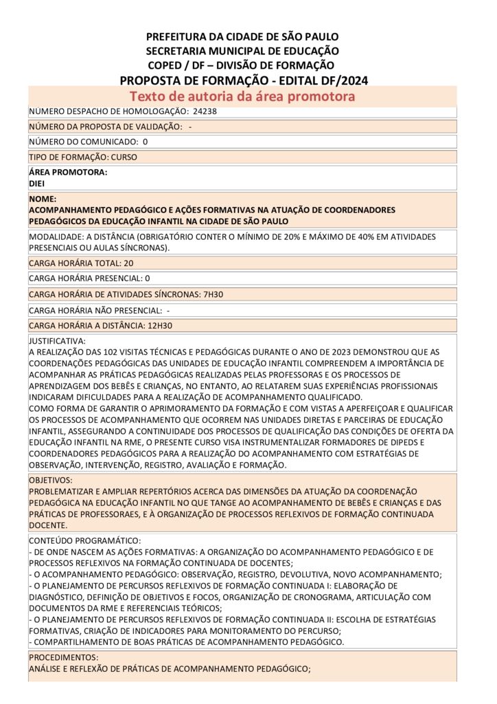 PROPOSTA FORMATIVA HOMOLOGADA PELA SME.