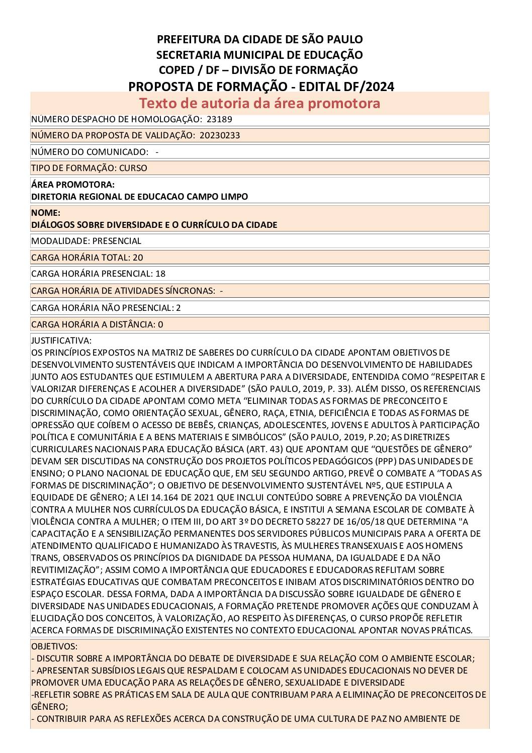 PROPOSTA FORMATIVA HOMOLOGADA PELA SME.