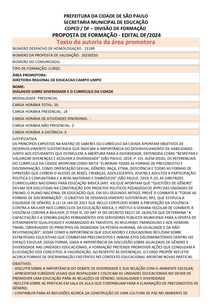 PROPOSTA FORMATIVA HOMOLOGADA PELA SME.