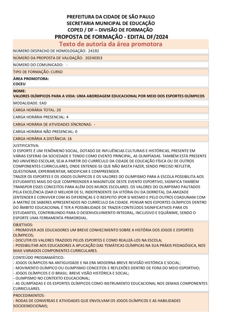 PROPOSTA FORMATIVA HOMOLOGADA PELA SME.