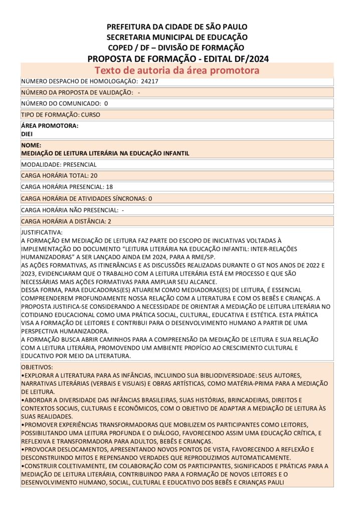 PROPOSTA FORMATIVA HOMOLOGADA PELA SME.