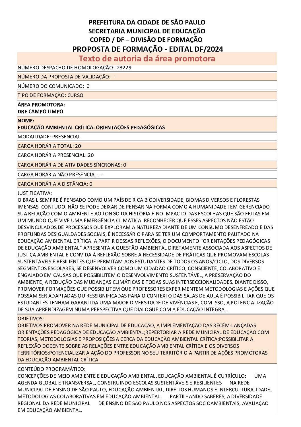 PROPOSTA FORMATIVA HOMOLOGADA PELA SME.