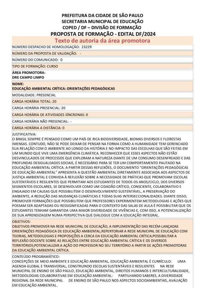 PROPOSTA FORMATIVA HOMOLOGADA PELA SME.