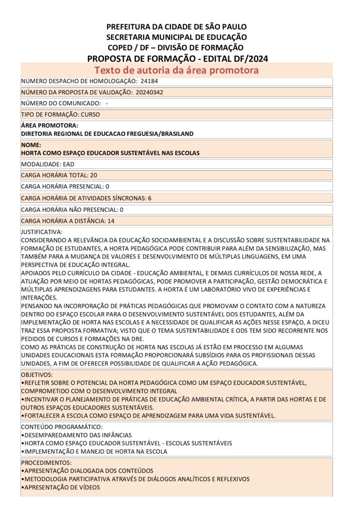 PROPOSTA FORMATIVA HOMOLOGADA PELA SME.