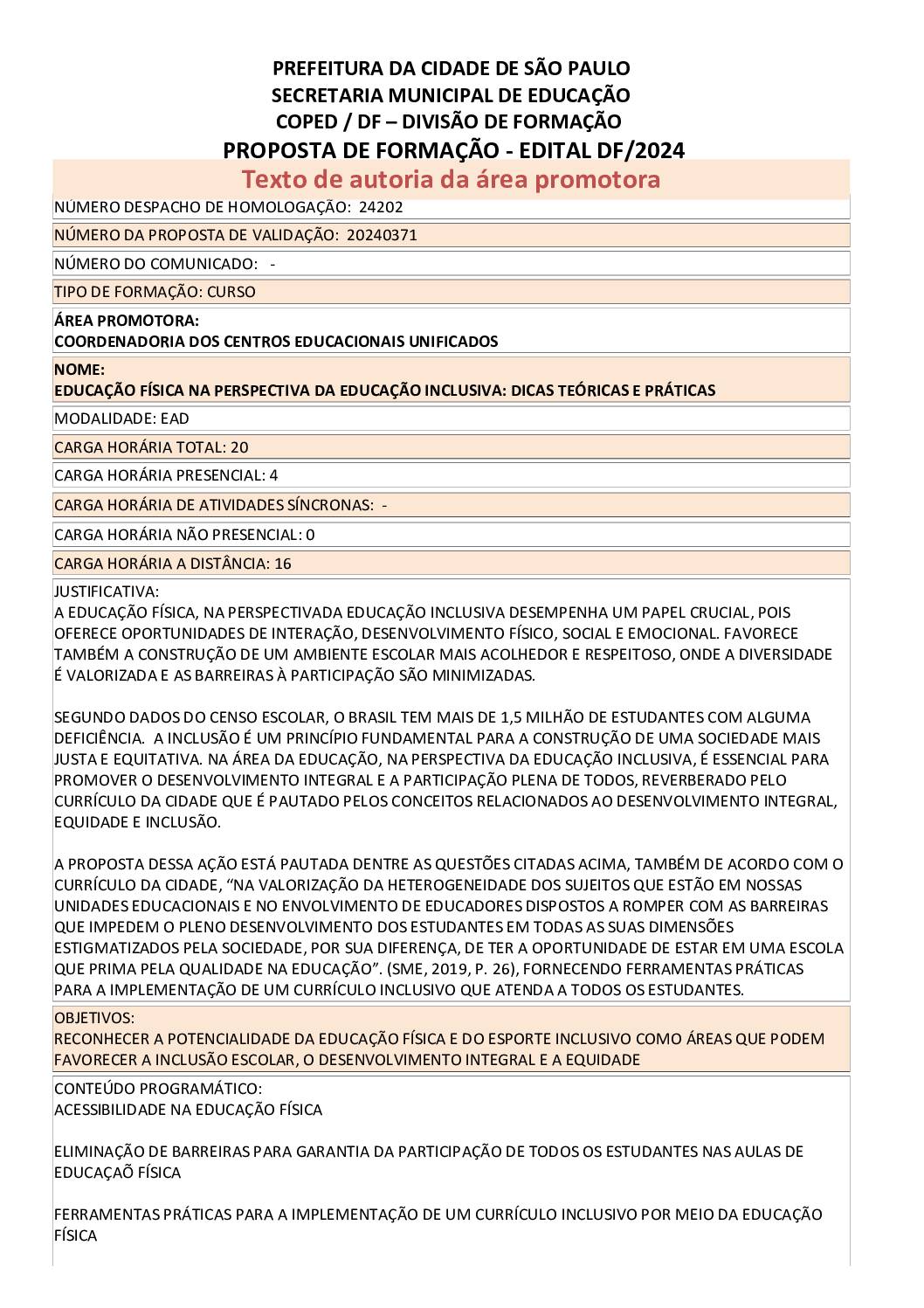 PROPOSTA FORMATIVA HOMOLOGADA PELA SME.